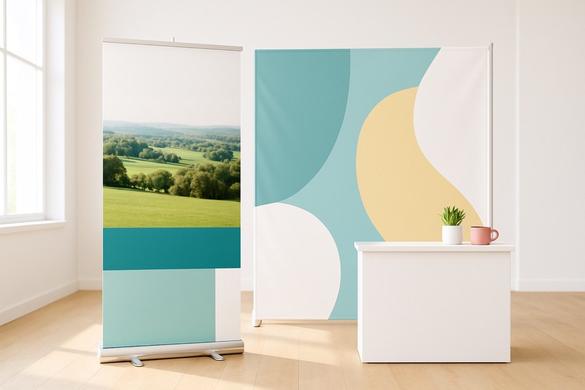 Roll-up und Werbebanner in einem hellen Raum